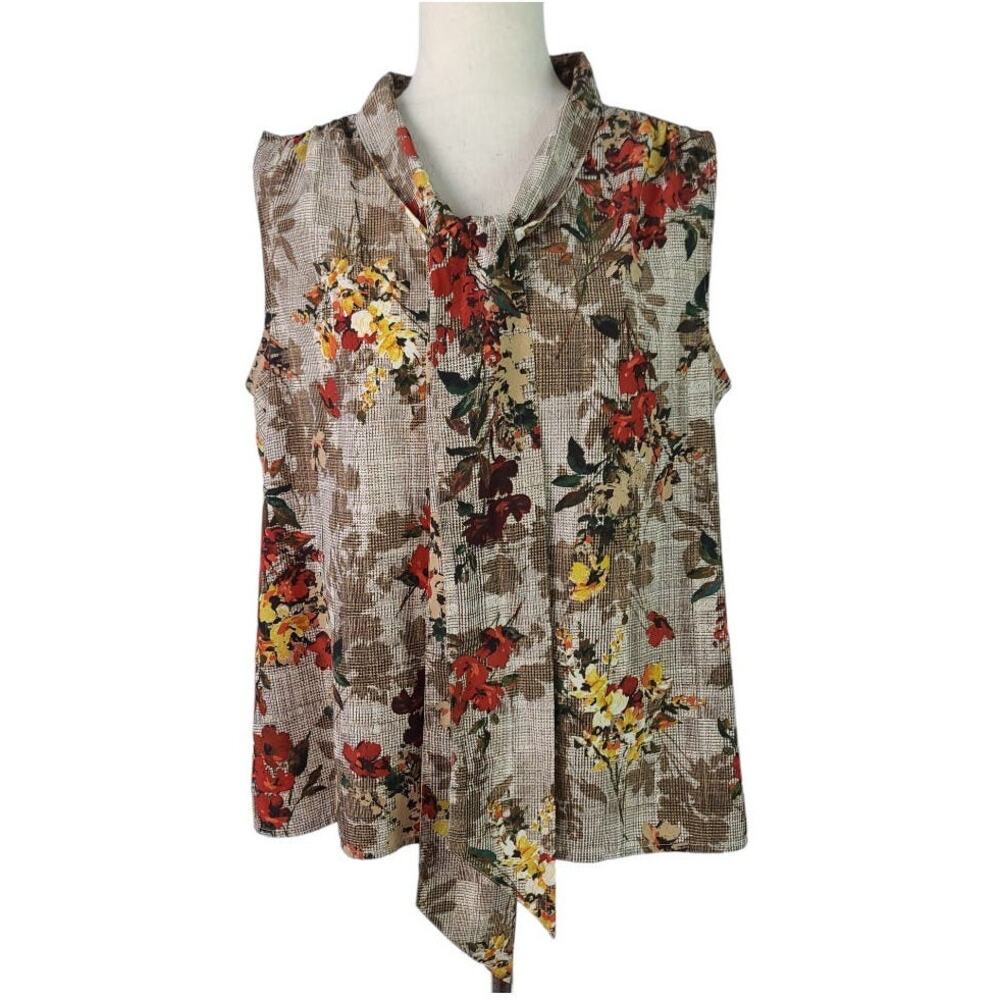 Talbots Brown Red Yellow Green Floral Tie Scarf Neck Top Shirt Large Petite
